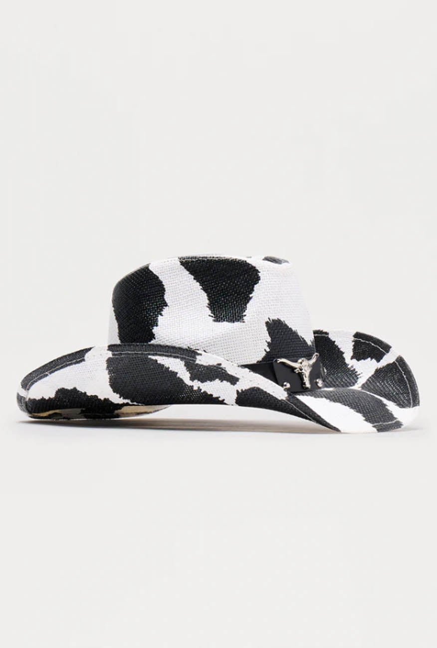 Women's Cow Print Western Cowboy Hat – Wide Brim Rancher Hat with Bull Charm, Black & White Rodeo Party Fedora Hat