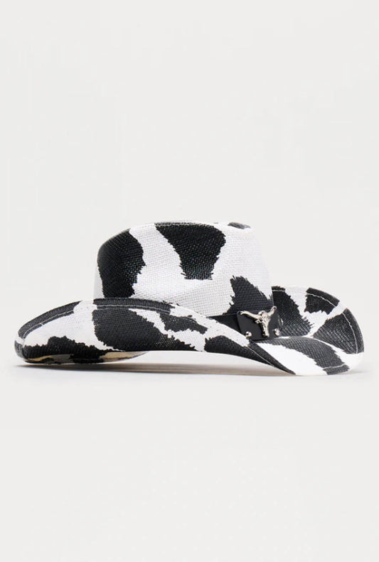 Women's Cow Print Western Cowboy Hat – Wide Brim Rancher Hat with Bull Charm, Black & White Rodeo Party Fedora Hat