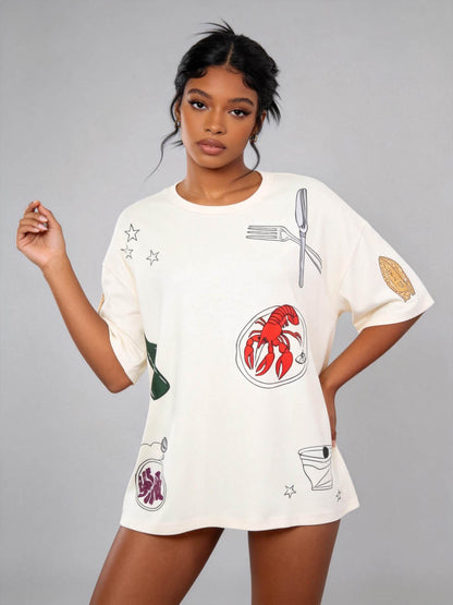 Cherie Code Women’s Oversized Graphic Tee – Fun Food & Cutlery Print, Casual Summer Top