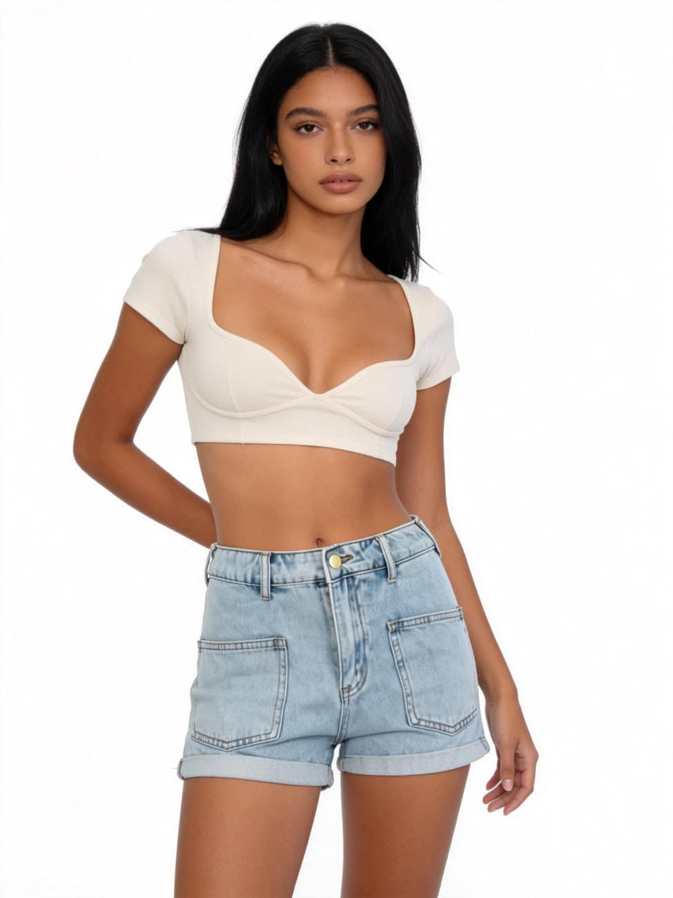 Cherie Code Women's High-Rise Denim Shorts – Rolled Cuff Casual Pocket Jean Shorts
