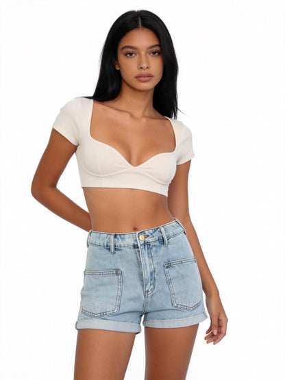 Cherie Code Women's High-Rise Denim Shorts – Rolled Cuff Casual Pocket Jean Shorts