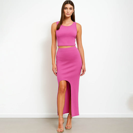Woman Stretch Viscose Slim Fit Skirt Set - Sleeveless Crop Top 2PCS Outfit Cherie Code