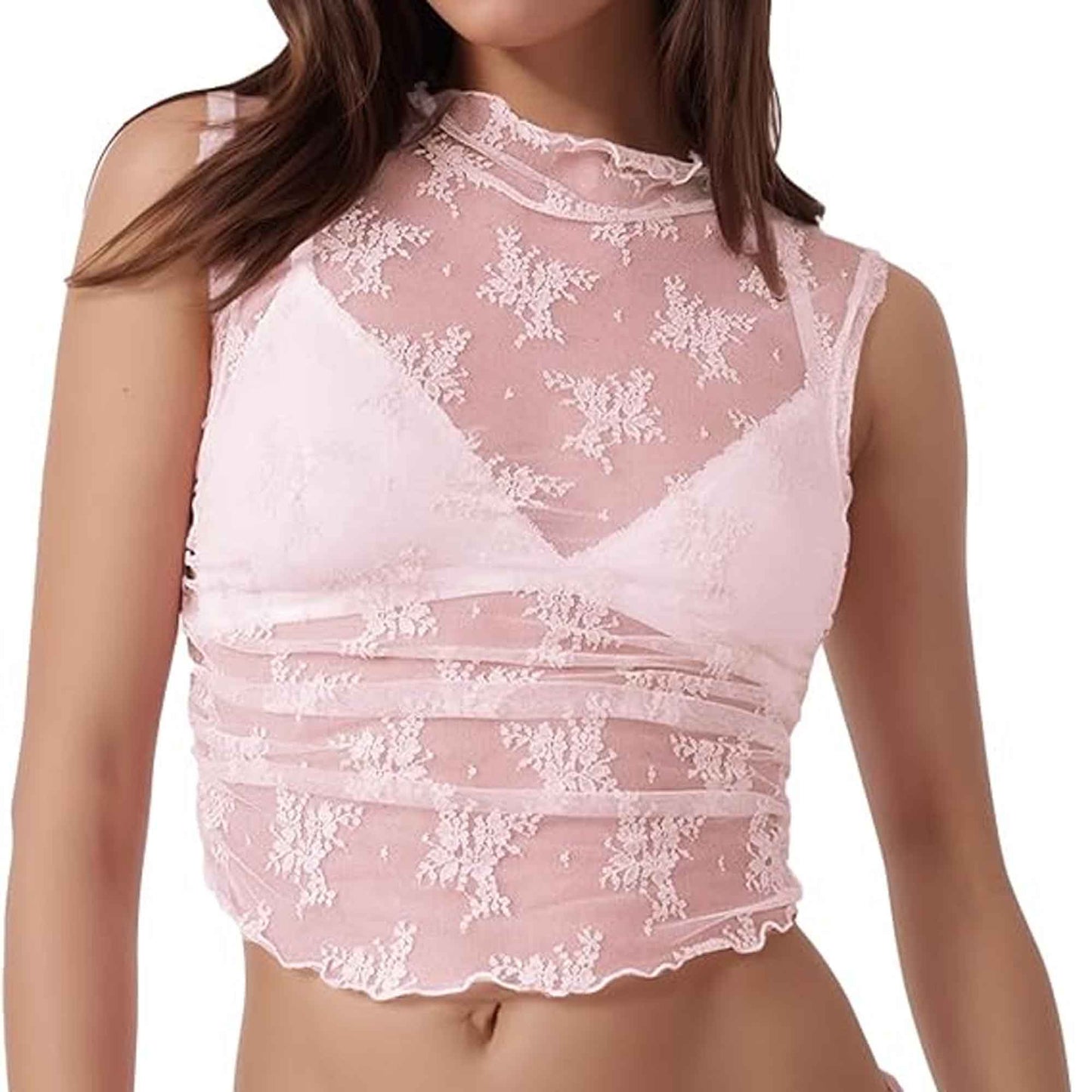 Women's Sheer Floral Lace Sleeveless Crop Top – Cherie Code