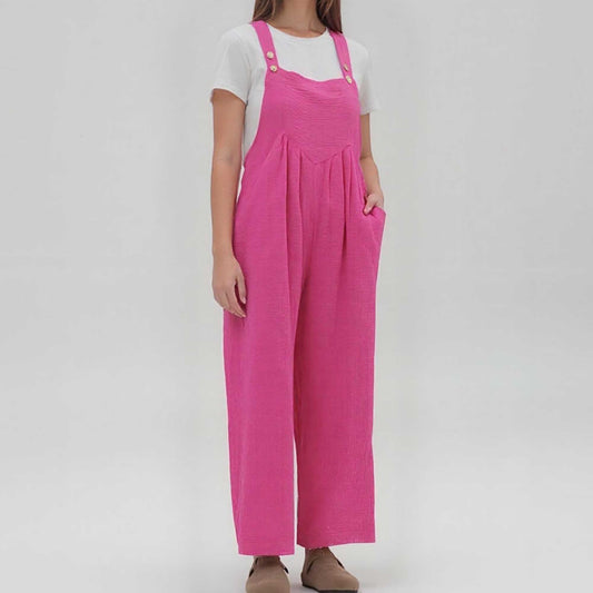 Woman Solid Color Wide-Leg Jumpsuit with Adjustable Straps and Pockets – Cherie Code