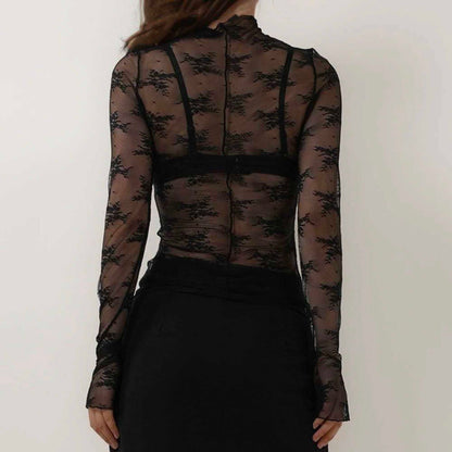 Women's Floral Lace Slim-Fit Top – Sheer Stretch Tee with Baby Overlock Edge Cherie Code