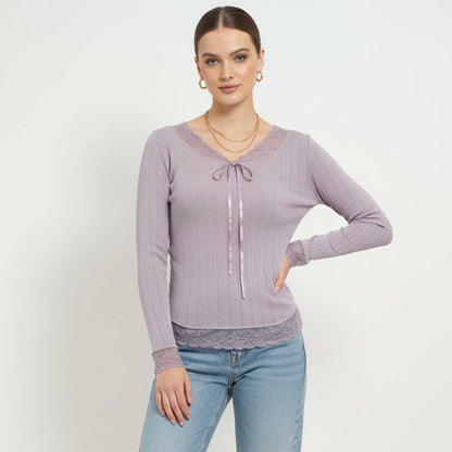 Cherie Code Women’s Lace‑Trim Ribbed Long‑Sleeve Top – Elegant Casual Knit Tee