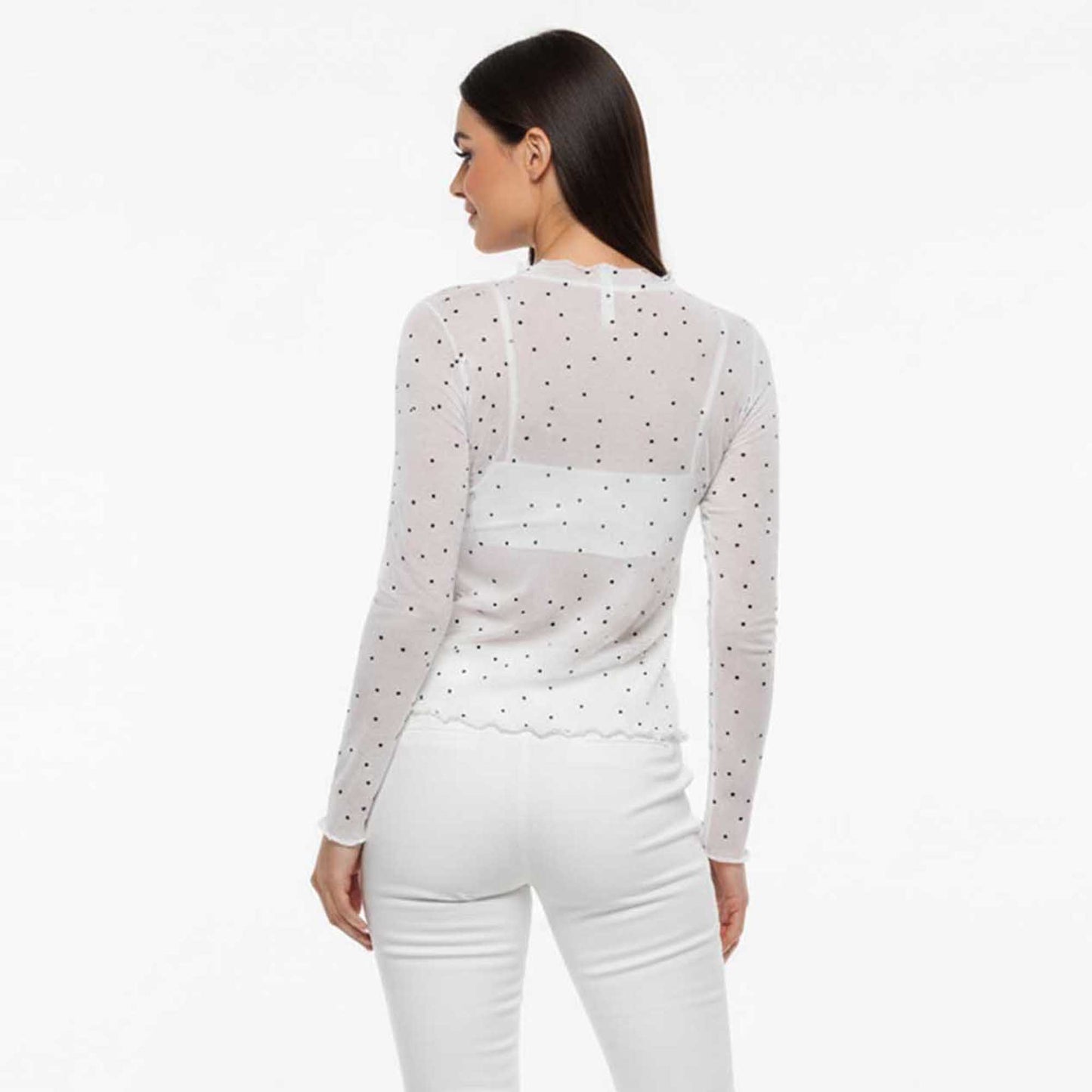 Cherie Code Women’s Mesh Dot Print Top – Slim Long-Sleeve Layer, Stretch