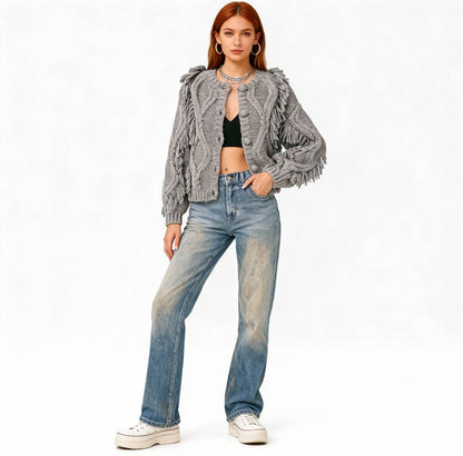 Cherie Code Women’s Textured Knit Cardigan with Fringe Detail – Long Sleeve