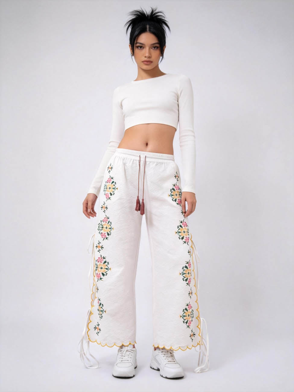 Women’s Embroidered Wide Leg Pants – Floral Drawstring High Waist Boho Lounge Trousers, Lightweight Polyester