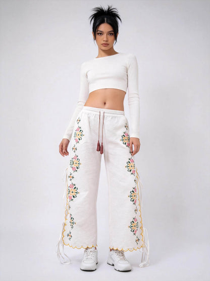 Women’s Embroidered Wide Leg Pants – Floral Drawstring High Waist Boho Lounge Trousers, Lightweight Polyester