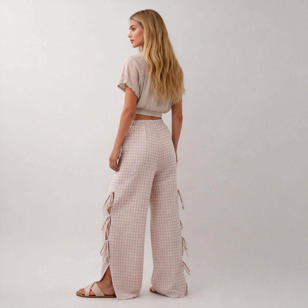 Women Everyday Checked Elastic Waist Side Strape Bowtie Casual Loungewear Pants Cherie Code