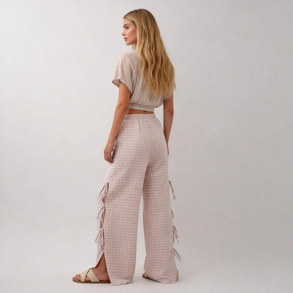 Women Everyday Checked Elastic Waist Side Strape Bowtie Casual Loungewear Pants Cherie Code