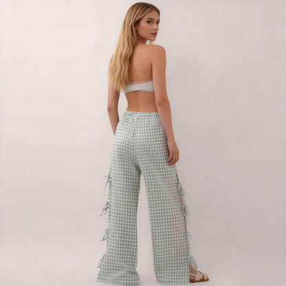 Women Everyday Checked Elastic Waist Side Strape Bowtie Casual Loungewear Pants Cherie Code