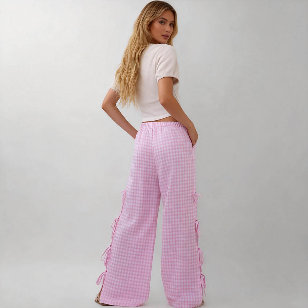 Women Everyday Checked Elastic Waist Side Strape Bowtie Casual Loungewear Pants Cherie Code