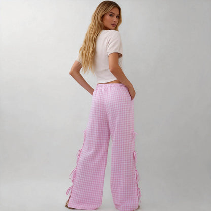 Women Everyday Checked Elastic Waist Side Strape Bowtie Casual Loungewear Pants Cherie Code