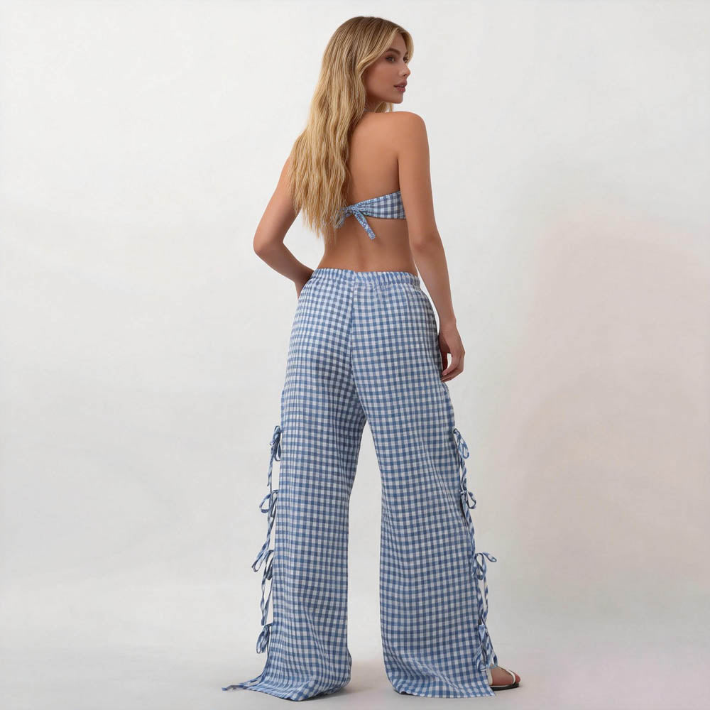 Women Everyday Checked Elastic Waist Side Strape Bowtie Casual Loungewear Pants Cherie Code