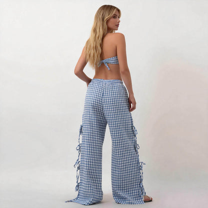 Women Everyday Checked Elastic Waist Side Strape Bowtie Casual Loungewear Pants Cherie Code