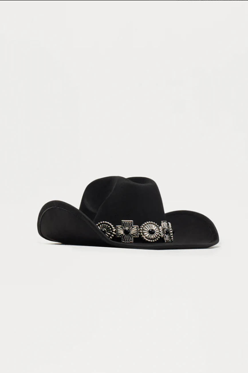 Cherie Code Western Style Black Cowboy Hat, Wide Brim with Concho Details