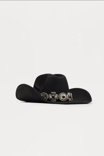 Cherie Code Western Style Black Cowboy Hat, Wide Brim with Concho Details