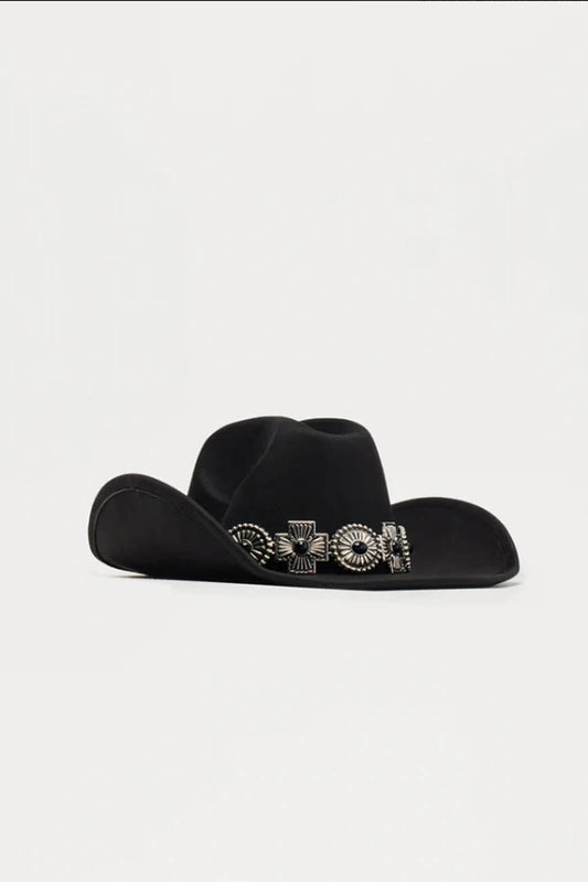 Cherie Code Western Style Black Cowboy Hat, Wide Brim with Concho Details