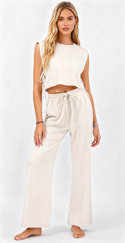Cherie Code Women’s Casual Tie-Front Top and Wide-Leg Pants Set – Linen & Cotton Blend, Relaxed Fit, Khaki