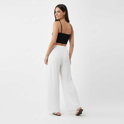Cherie Code Women's Cotton Wide Leg Pants with Side Split and Pom Trim – Casual Fit