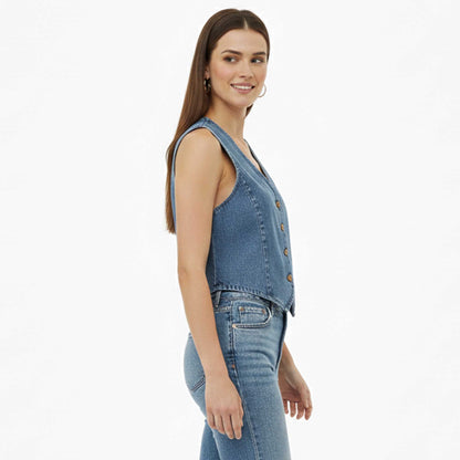 Women's Denim Sleeveless Vest - Classic Button-Up V-Neck Top Cherie Code