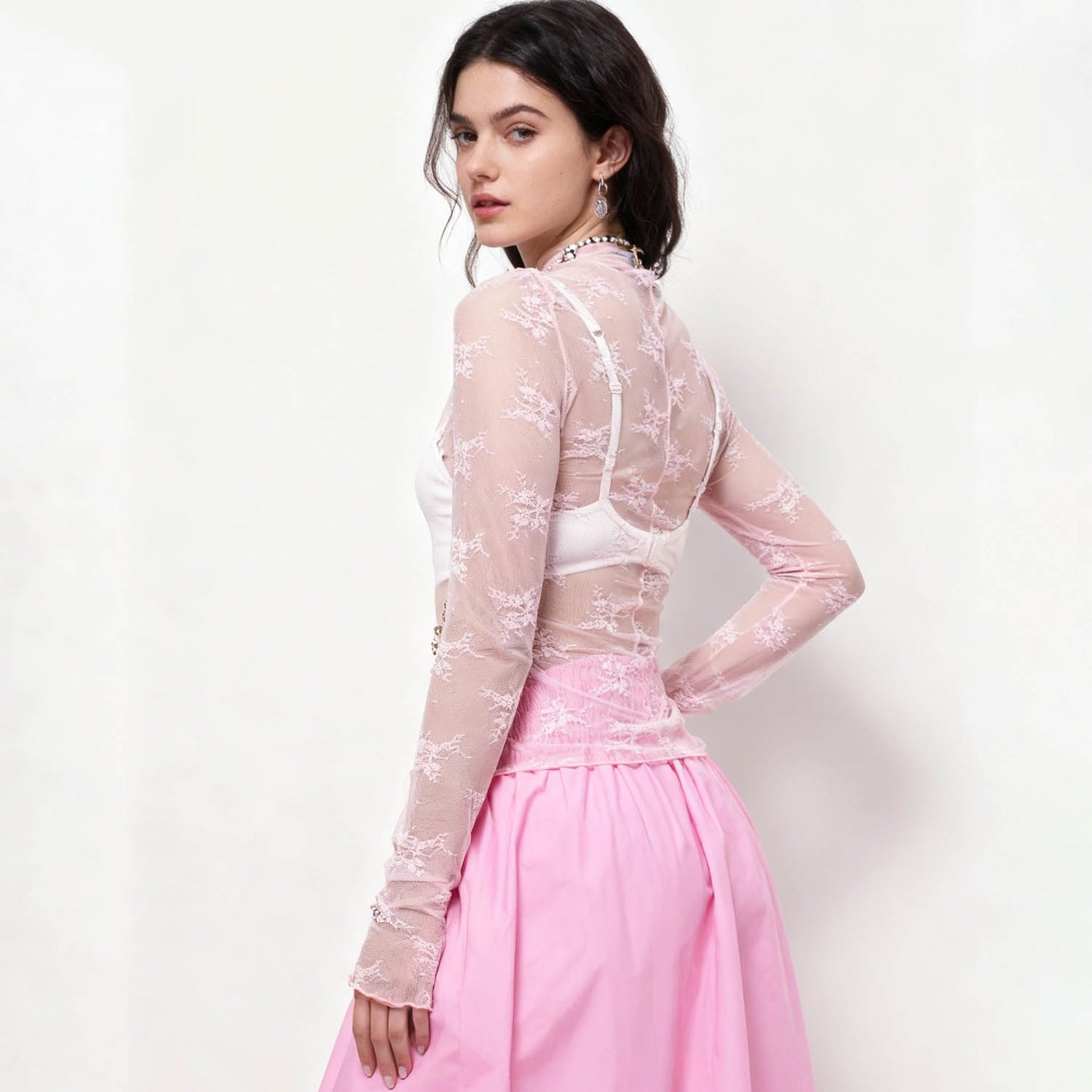 Women's Floral Lace Slim-Fit Top – Sheer Stretch Tee with Baby Overlock Edge Cherie Code