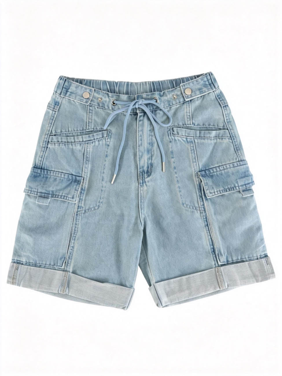Cherie Code Women's High-Waisted Denim Cargo Shorts – Drawstring Waist Utility Jean Shorts with Zipper Pockets & Rolled Hem, Light Wash