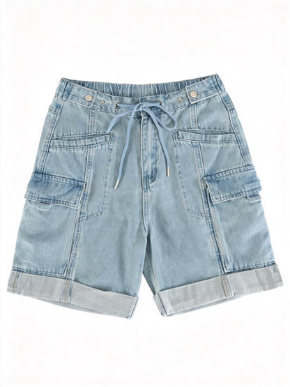 Cherie Code Women's High-Waisted Denim Cargo Shorts – Drawstring Waist Utility Jean Shorts with Zipper Pockets & Rolled Hem, Light Wash
