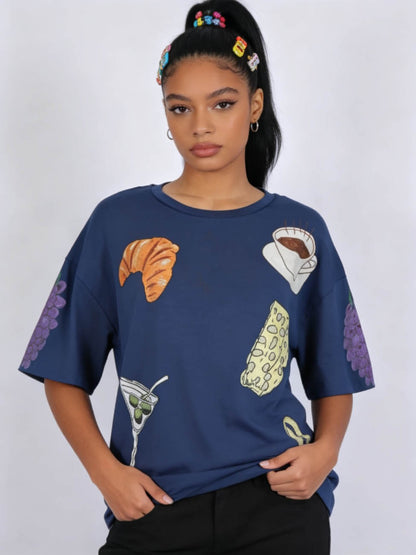 Women's Oversized Graphic T-Shirt – Casual Loose Fit Short Sleeve Tee with Food & Drink Print, Crewneck Summer Streetwear Top