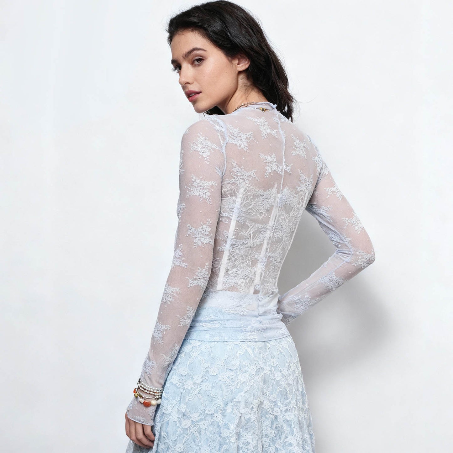 Women's Floral Lace Slim-Fit Top – Sheer Stretch Tee with Baby Overlock Edge Cherie Code