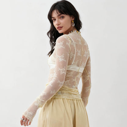 Women's Floral Lace Slim-Fit Top – Sheer Stretch Tee with Baby Overlock Edge Cherie Code