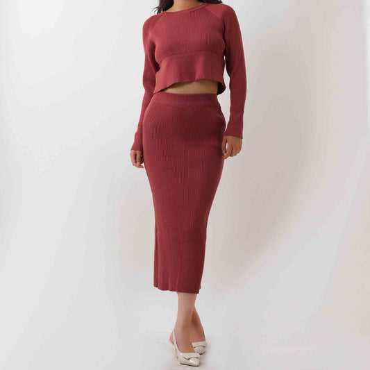 Women's Sweater Set - Stretch Knit Top & Back-Slit Midi Skirt Matching Set Cherie Code