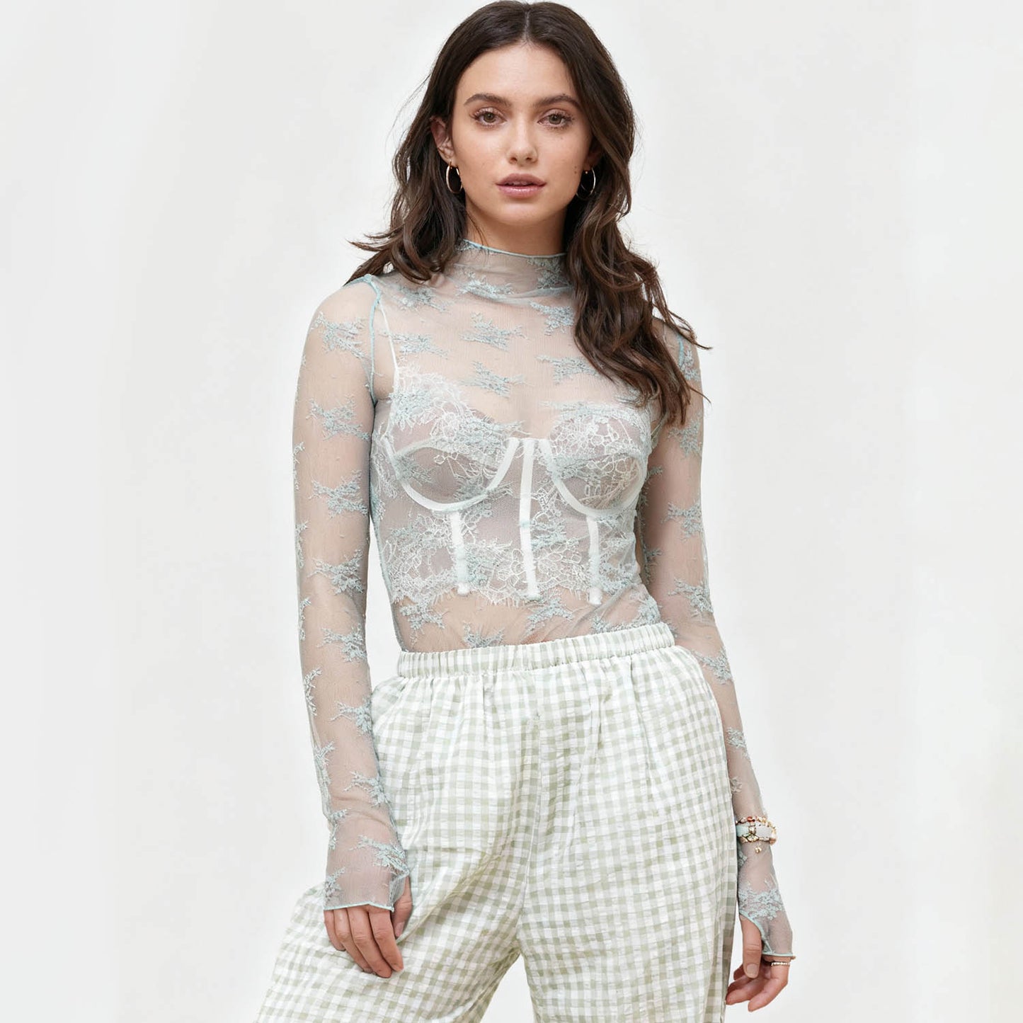 Women's Floral Lace Slim-Fit Top – Sheer Stretch Tee with Baby Overlock Edge Cherie Code