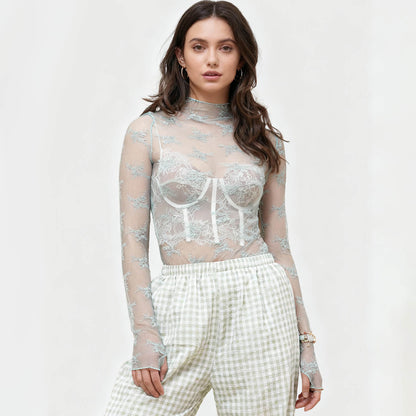 Women's Floral Lace Slim-Fit Top – Sheer Stretch Tee with Baby Overlock Edge Cherie Code