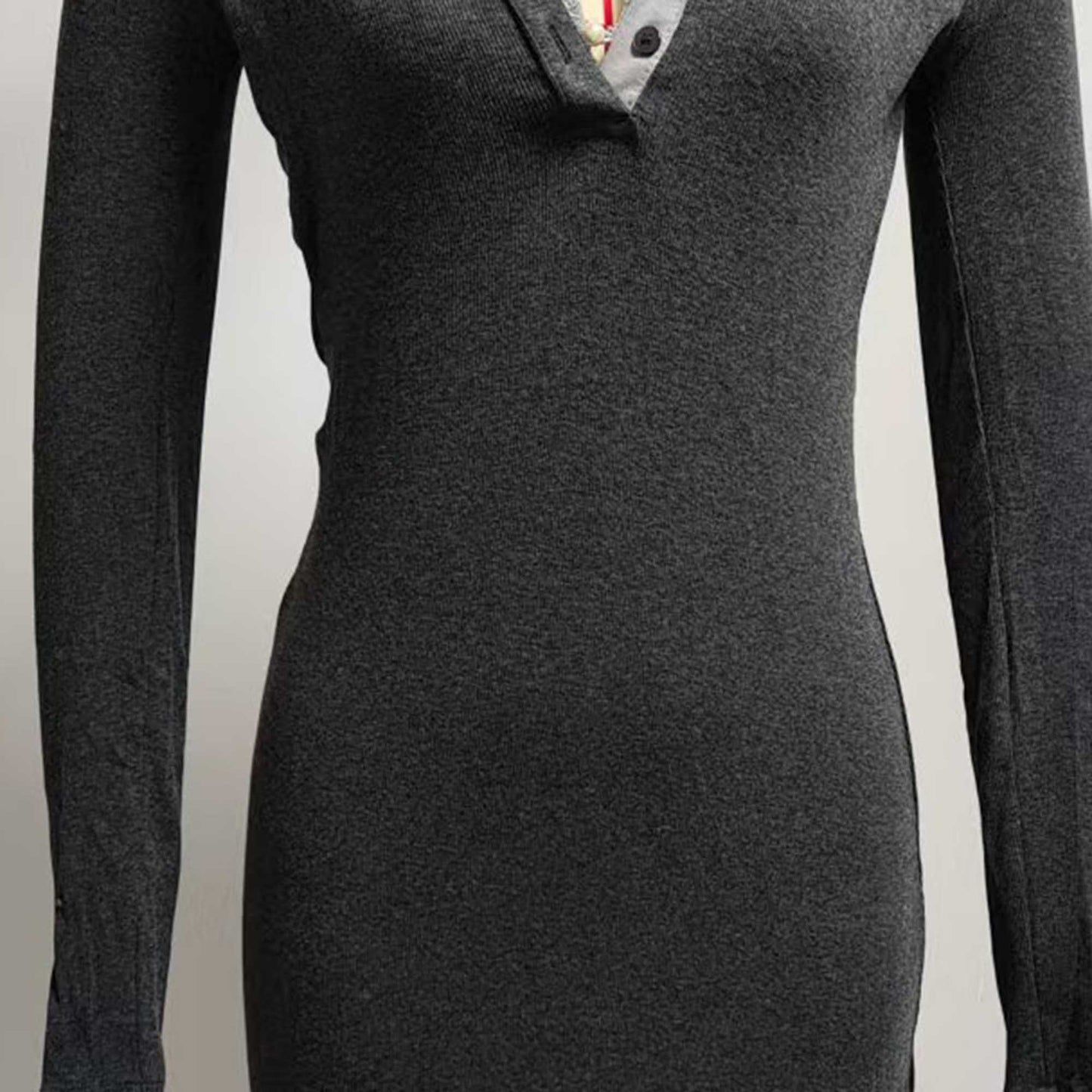 Cherie Code Women’s Grey Ribbed Knit Maxi Dress – Long‑Sleeve Collared Slim Fit Sweater Dress