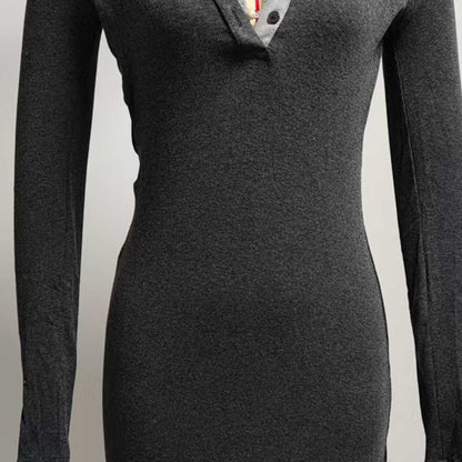 Cherie Code Women’s Grey Ribbed Knit Maxi Dress – Long‑Sleeve Collared Slim Fit Sweater Dress