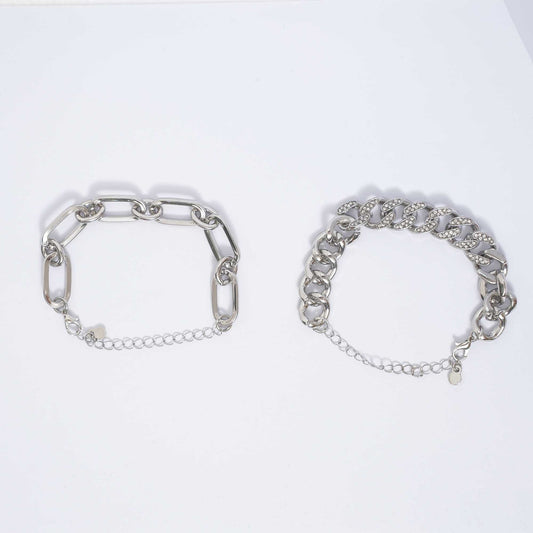 Women's 2-Piece Silver Chain Bracelet Set with Rhinestone Accents – Adjustable Layered Link Jewelry by Cherie Code
