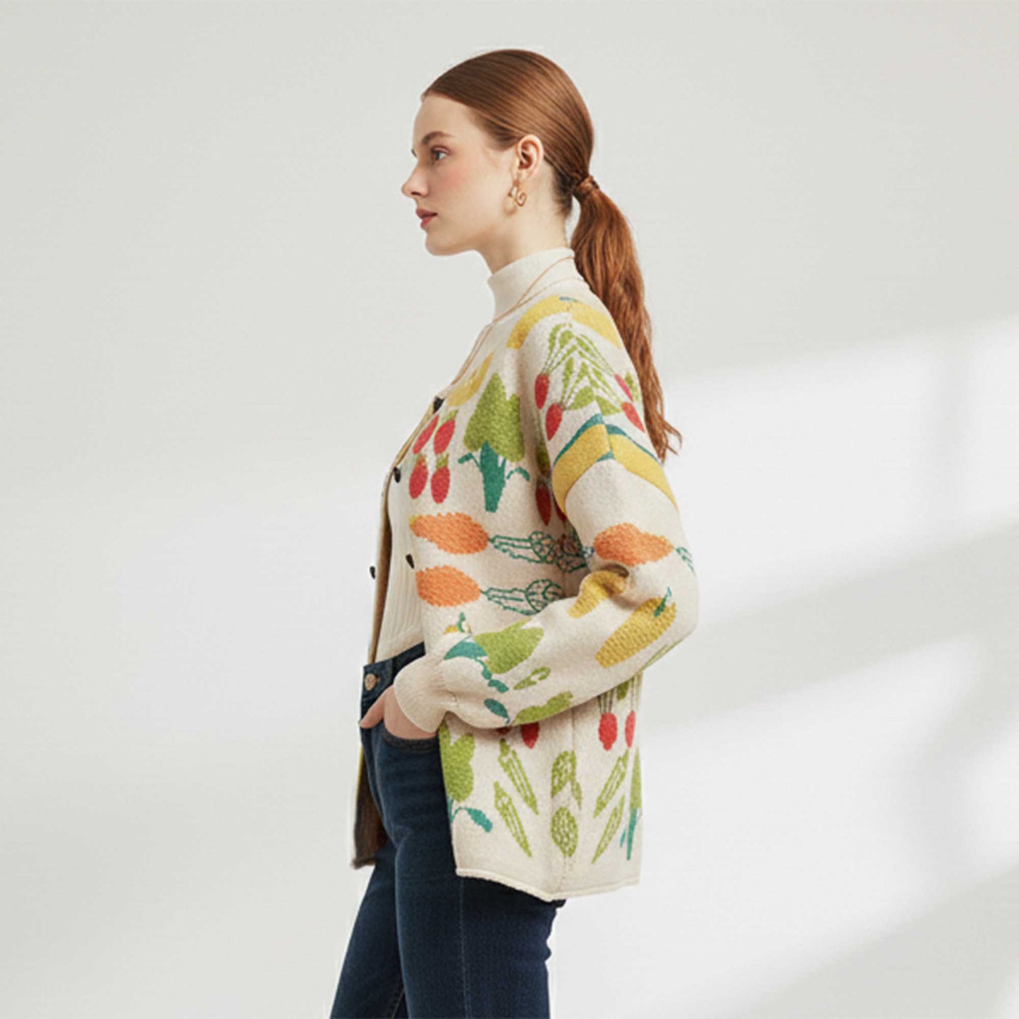 Women's Veggie Garden Jacquard Knit Cardigan -Casual Button Front Sweater Long Sleeves