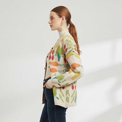 Women's Veggie Garden Jacquard Knit Cardigan -Casual Button Front Sweater Long Sleeves