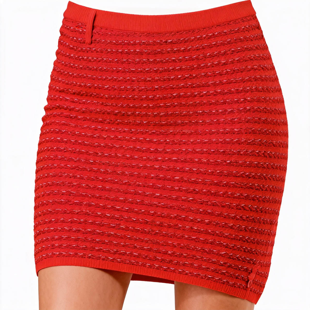 Cherie Code Women’s Red Stripe Long‑Sleeve Knit Cardigan & Skirt Set – Textured Rib Knit Button‑Front Two‑Piece Suit
