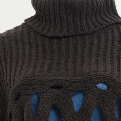 Cherie Code Women’s Hollow‑Knit Irregular Hem Sweater – Turtleneck Long Sleeve Ribbed Pullover