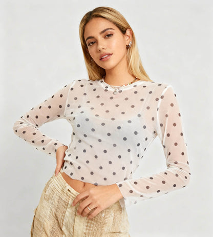 Cherie Code Women’s Long Sleeve Polka Dot Mesh Top with Stretch