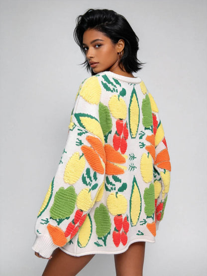 Women's Veggie Garden Jacquard Knit Cardigan -Casual Button Front Sweater Long Sleeves