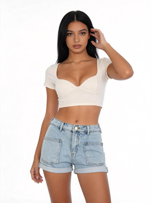 Cherie Code Women's High-Rise Denim Shorts – Rolled Cuff Casual Pocket Jean Shorts