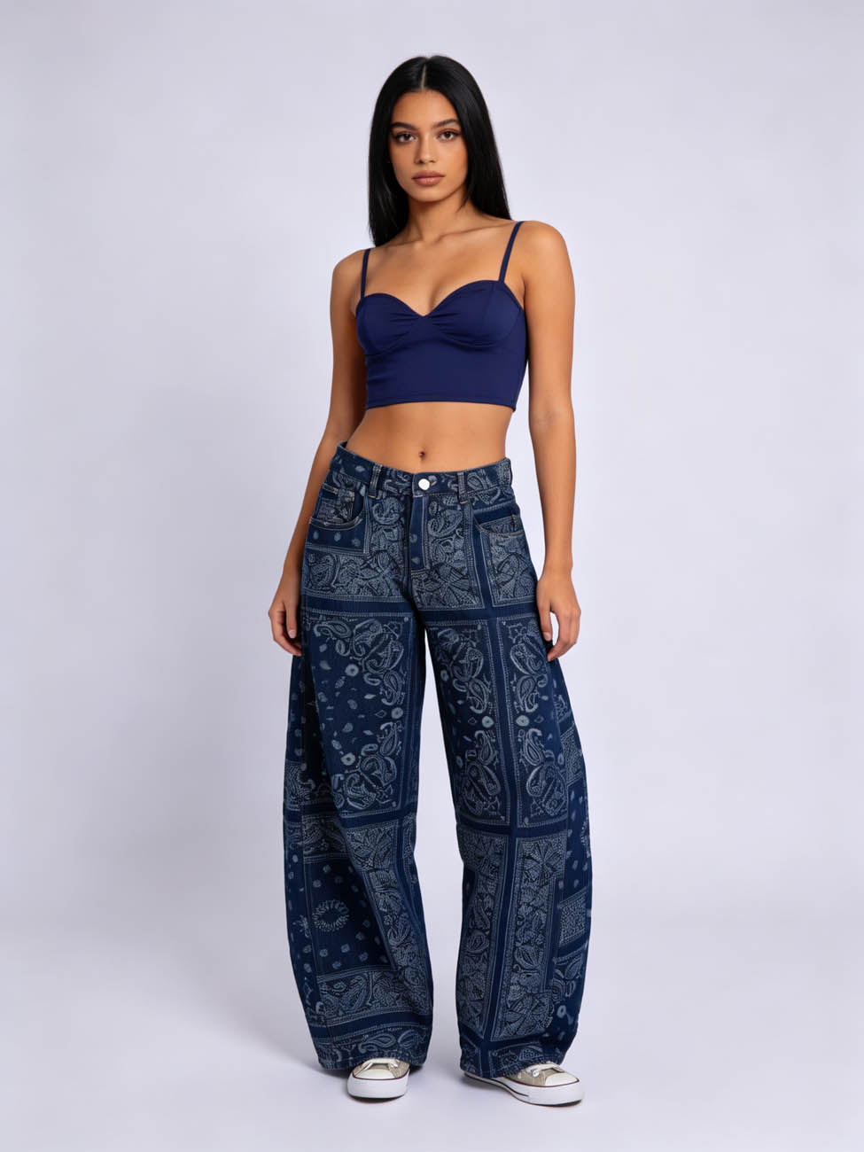 Cherie Code Women's High-Rise Wide Leg Bandana Print Jeans – Vintage Paisley Patchwork Denim Pants, Relaxed Fit Casual Streetwear
