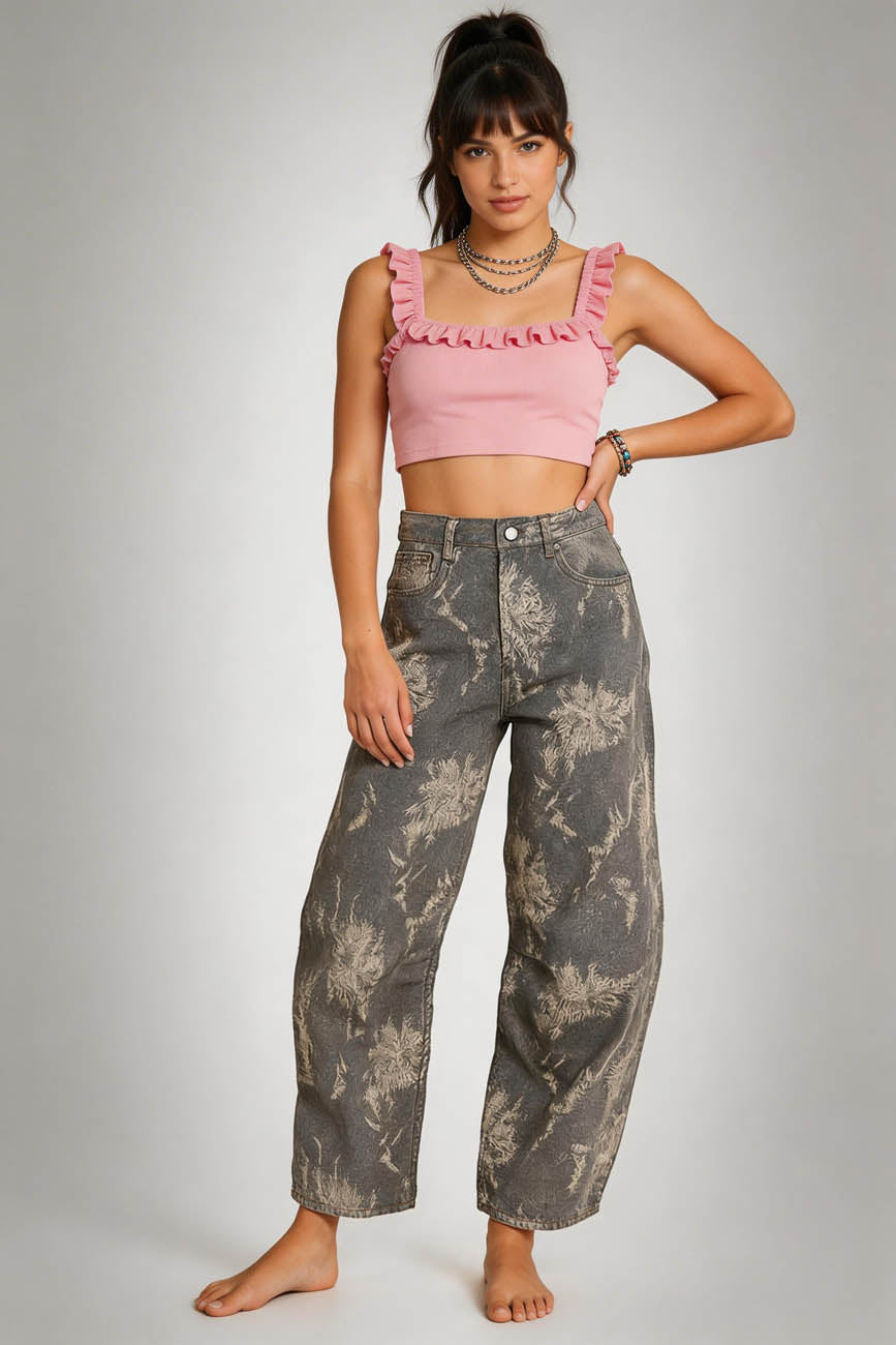 Cherie Code Women’s High-Rise Wide Leg Jeans – Vintage Wash Printed Denim Pants with Relaxed Fit & Cropped Length