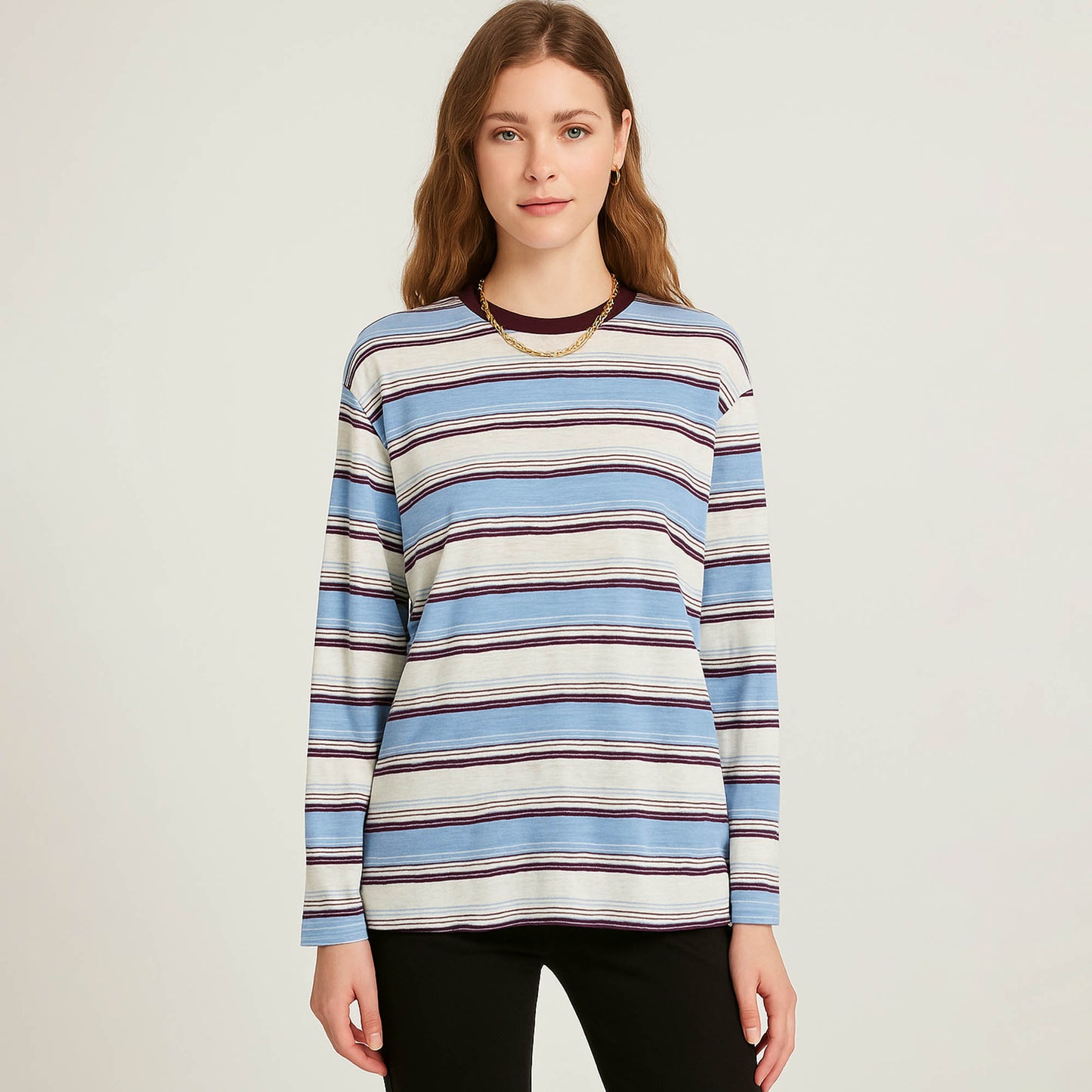 Cherie Code Women’s Stripe T-Shirt – Cotton Blend, Long Sleeve, Contrast Trim