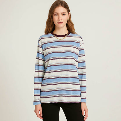 Cherie Code Women’s Stripe T-Shirt – Cotton Blend, Long Sleeve, Contrast Trim